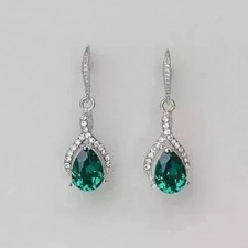 2.67 Ct Pear Cut Emerald Earring Wedding Earrings 14K Solid White Gold picture