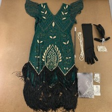 Women's Large Gold Green Sequin Fringe Flapper Dress & Accessory Set 9 Pieces picture