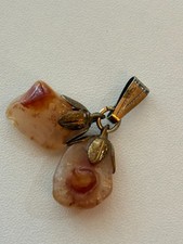 Vintage Carnelian Agate Double Fruit Charm Pendant Brass Tone Leaf Accent picture