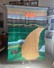 Huge 6ft VTG Handwoven Fiber Art Tapestry Landscape Sunset folk art Wall Hanging picture