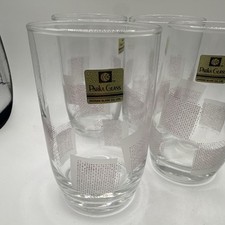 Vintage MCM Parka Glass Set of 4 Clear 8 oz Tumblers White Geometric Pattern  picture