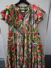 Farm Rio Dress Womens L Macaw Leaves Ruffle Maxi Tier Flare Short Sleeve Floral picture