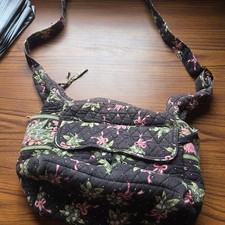 Vera Bradley Hope Garden Quilted Cotton Crossbody Bag Black Pink Floral Bows picture