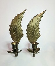 Vintage Pair Of 2 Brass Wall Mount Candle Holders Feather Holly Leaf Design picture