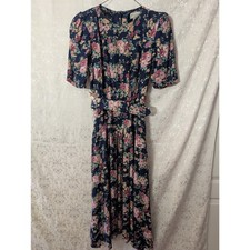 VTG 80s 90s E.D. Michaels Floral Midi Dress Rayon Puff Sleeve picture