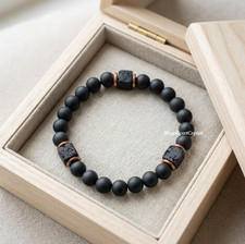 Premium Men's Matte Black Onyx & Lava Rock Cube Bead Stretch Bracelet Healing picture