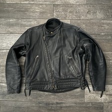 VTG 1967 LANGLITZ LEATHERS BLACK CAFE RACER MOTORCYCLE JACKET FITS 40 M/L HARLEY picture