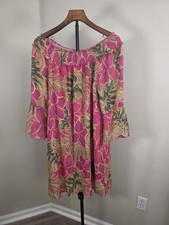 Mlle Gabrielle Women’s XL Pink Tropical Floral Off Shoulder Bell Sleeve Dress picture