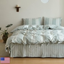 BISELINA Striped Duvet Cover Set 2pcs 100% Washed Cotton Twin Grayish Green picture