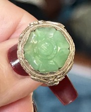 ADJUSTABLE Antique fine filigree silver ring, carved jade stone-marked “silver” picture