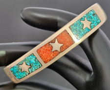 Vintage 1970s Navajo Sterling Silver Chip Inlay Turquoise Coral Star Cuff Bracel picture