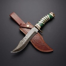Custom Handmade Damascus Steel Hunting Bowie Knife with Leather Sheath Halloween picture
