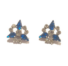 Vintage 1950s Signed B DAVID Cobalt Blue Clear Rhinestone Clip On Earrings picture