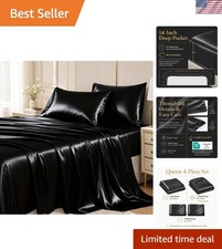 Elegant Black Queen Satin Sheet Set - Deep-Pocket, 4-Piece, Wrinkle-Resistant picture