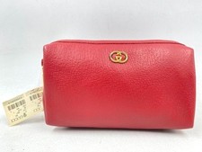 Vintage 80s Gucci Red Pebbled Leather Double G Accessory Cosmetic Pouch Bag picture