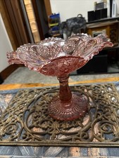 Pink Pressed Glass Pedestal Compote Bowl, Round Glossy Pattern Glass picture