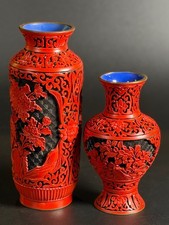 Pair of Red and Black Chinese Cinnabar-Style lacquerware Carved Vases picture