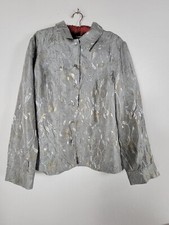 Additions by Chico’s Crinkle Leaves Button-Down Metallic Shirt Sz 2 Gray Silver picture