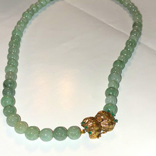 Green Beaded Stone Necklace, Gold Tone Bow Clasp, Round Green Stones picture
