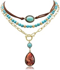 Fscwlmon 3 Pcs Layered Western Cowgirl Necklaces for Women Boho Turquoise Beaded picture