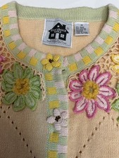 Storybook Knits Vintage Floral Ladybug Applique Cardigan Sweater Yellow XL 1X picture