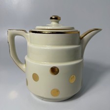 Vintage Hall's Coffee Pot Superior Quality Kitchenware Cream Gold Polka Dot USA picture