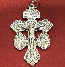 Metal Crucifix Cross Pendant w/ Jesus Corpus & Attached Medals, INRI picture