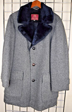 Vintage 60s Car Coat Anderson Little Size 40 Gray Wool Tweed Blue Sheen Faux Fur picture