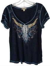 Energe World Wear Striped Top with Embellished Bull Skull Size Medium picture