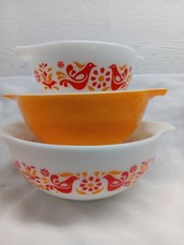 Pyrex Friendship Nesting Cinderella Mixing Bowls 441,442,443 Reds Orange Birds picture