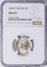 1942 P Jefferson Nickel T2 Silver NGC MS67+ Pop Condition Rarity, Lustrous picture
