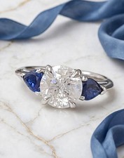 Platinum Vintage Engagement Ring 1.71ct.Natural Round Diamond Blue Sapphire Pear picture