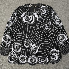 VTG Swee Lo Black Silk Sequin Beaded Floral Blouse Shirt Womens XL 80s picture