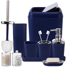 XLHOMO Navy Blue Bathroom Accessories Set, 9-Piece Plastic Gift Set with Trash C picture