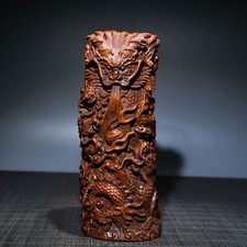 Chinese Vintage Boxwood Carved Exquisite Dragon Brush Pot Office Supplies Decor picture