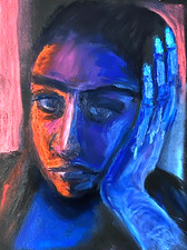 Original Oil Pastel Portrait Woman Blue Red “Stark” 6x8 Signed Molly Goodman picture
