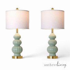 NEW Anthropologie Set / 2 Sage Green Gold Ceramic Boho Table Lamps Lighting 28