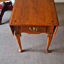 Ethan Allen Brown Medium Wood Rectangular End Table, 1 Drawer Pull Handle picture