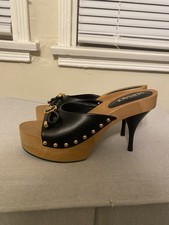 Versace Black Leather Platform Slide Sandals Studded Logo EU38 US8 picture