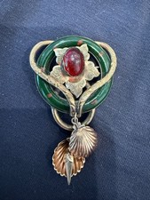 Vintage 1940's Retro Gold Filled Brooch Pin Green Faux Jade Red Cabochon Shells picture