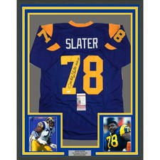 Framed Autographed Jackie Slater 35x39 HOF 01 LA Retro Blue Jersey JSA COA picture