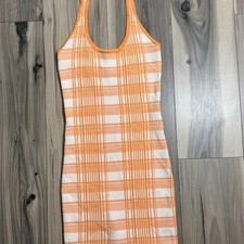 Rue21 Orange White Plaid Halter Mini Dress XS Knit Bodycon Summer Sleeveless picture