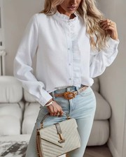 Women’s Ruffle Stand Collar Blouse Long Sleeve Button Front Casual Shirt picture