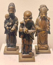 Vintage Solid Bronze Fu Lu Shou Statue Set Chinese Star Gods Sanxing 4.75