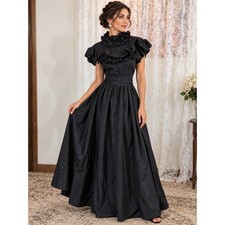 Vintage ILGWU Black Ruffle High Neck Maxi Gown Taffeta Formal Dress Size 7/8 picture