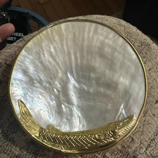 Round Mother-of-Pearl Shell & Brass Decorative Bowl, Gold Rim, White/Gold New picture