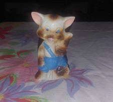 Vintage Kitschy Cute Ceramic Hillbilly Cat Bear Dog Thing in Overalls Japan 3.75 picture