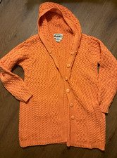 Aran Crafts Merino Wool Orange Cable Knit Hooded Button Cardigan Sweater M picture