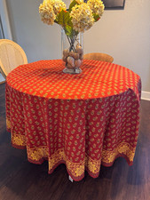 Vintage Williams-Sonoma Round 90in Tablecloth Red/Gold Floral Cotton  picture