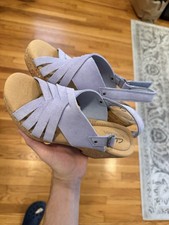 Clarks Purple Suede Wedge Sandals Buckle Cork Insole US 8 EU 39 M picture
